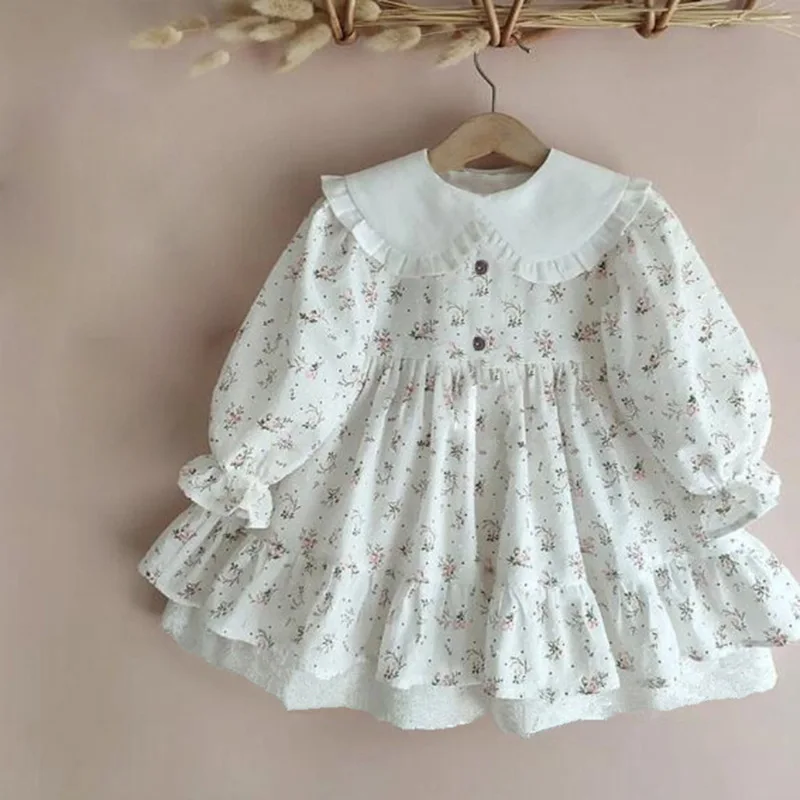2026 Spring and Autumn New Girl's Cotton Floral Lace Bottom Peter Pan Collar Dress Lotus Leaf Edge Collar Princess Dress