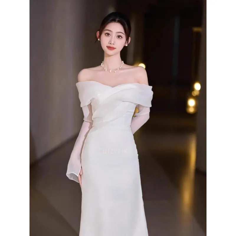 Simple Satin Mermaid Wedding Dress Elegant Off-Shoulder Long Bridal Gown White Tulle Long Sleeve Party Formal Occasion Dress