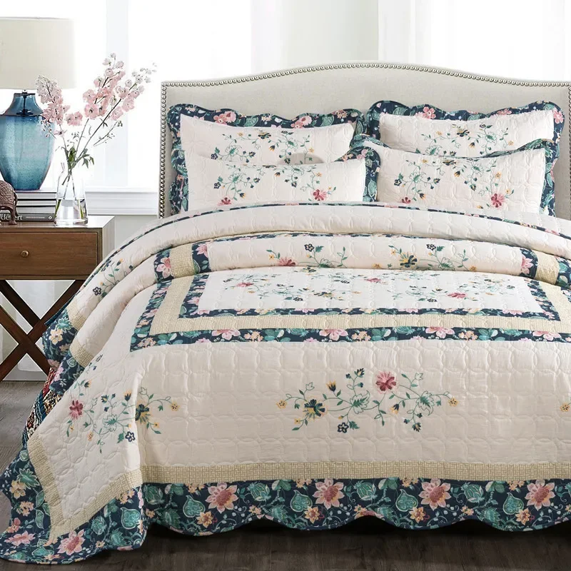 Floral Cotton Quilt Set, Quilting Bedspread on Bed, Embroidery Bed Cover Queen Size, Quilted Blanket Comforter, Bedding Set 3PCs