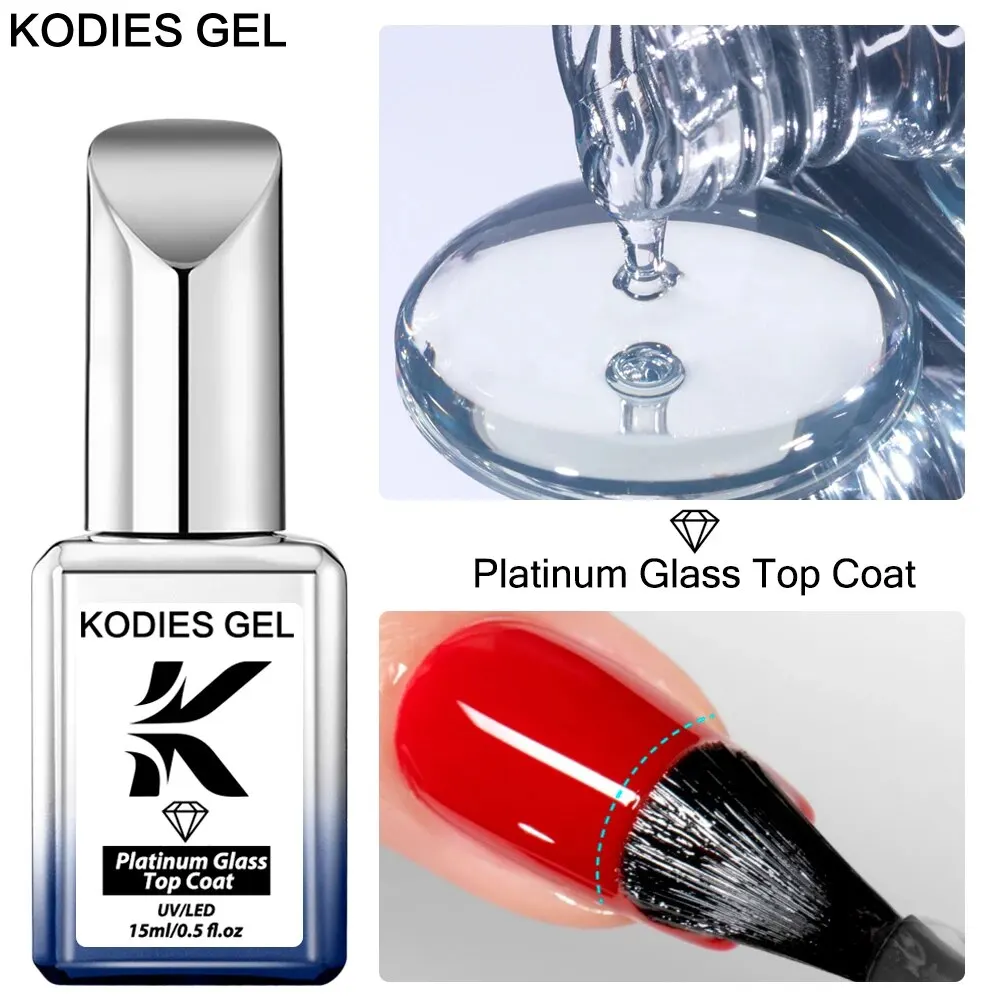 KODIES GEL Diamond Top Coat No Wipe Gel-Nagellack, 15 ml, semi-permanentes Platinglas, glänzendes, dickes Top Gellak für Maniküre-Kunst
