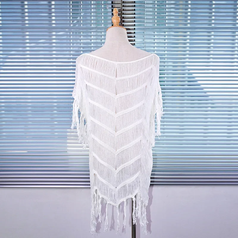 damskie Pareo for The Beach Dress Outing Bikini Woman Summer Swimwear Cover Up White Knitted Crochet Tassle Wear Sarong Wrap