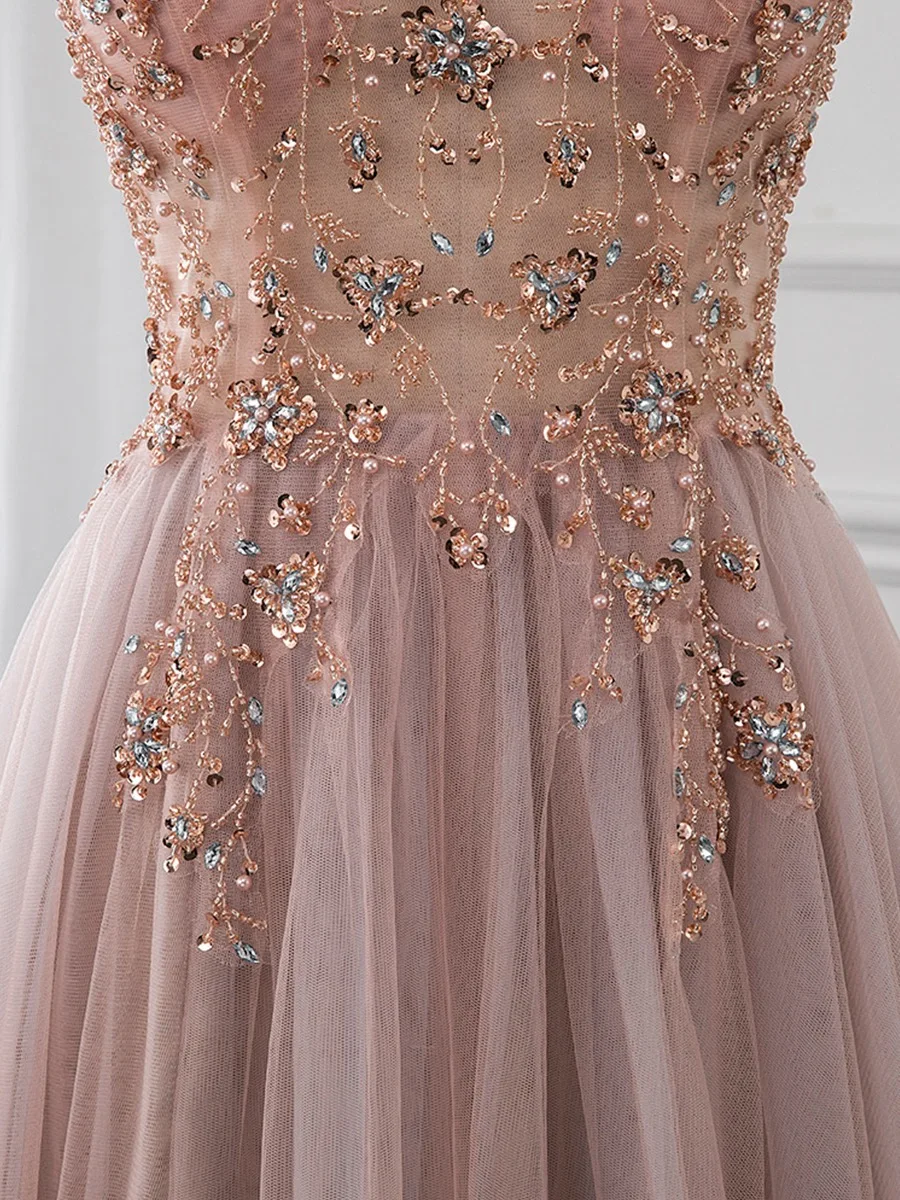 Luxury Dusty Pink Bridesmaid Dresses Spaghetti Straps V-Neck Rhinestones Beading Crystal Wedding Paety Formal Prom Evening Gowns