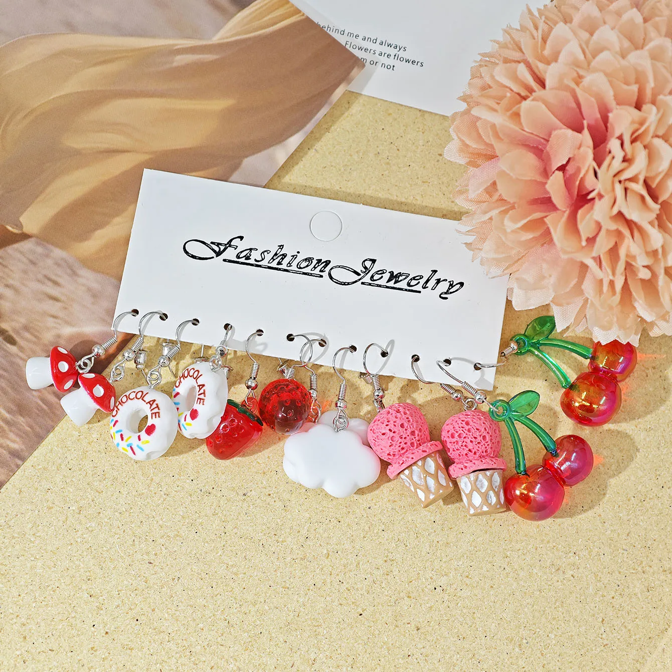32pcs cartoon candy color matching resin earrings cherry mushroom donut ice cream combination set