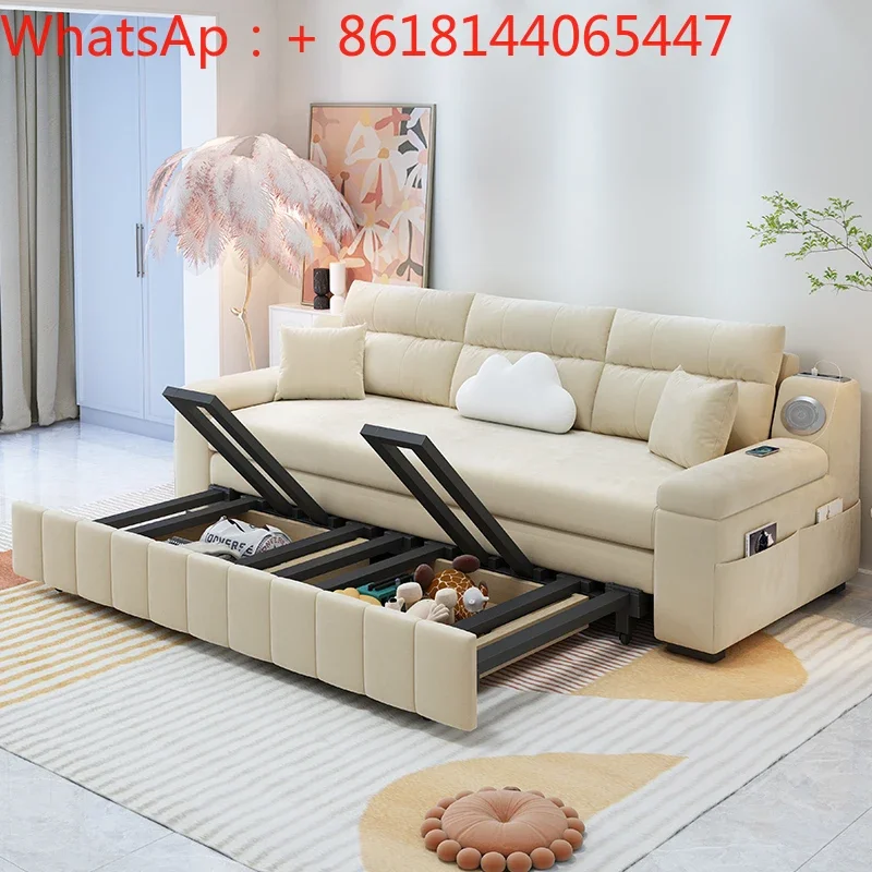 Solid wood sofa bed small apartment living room multi-functional double household simple telescopic folding dual-use integration