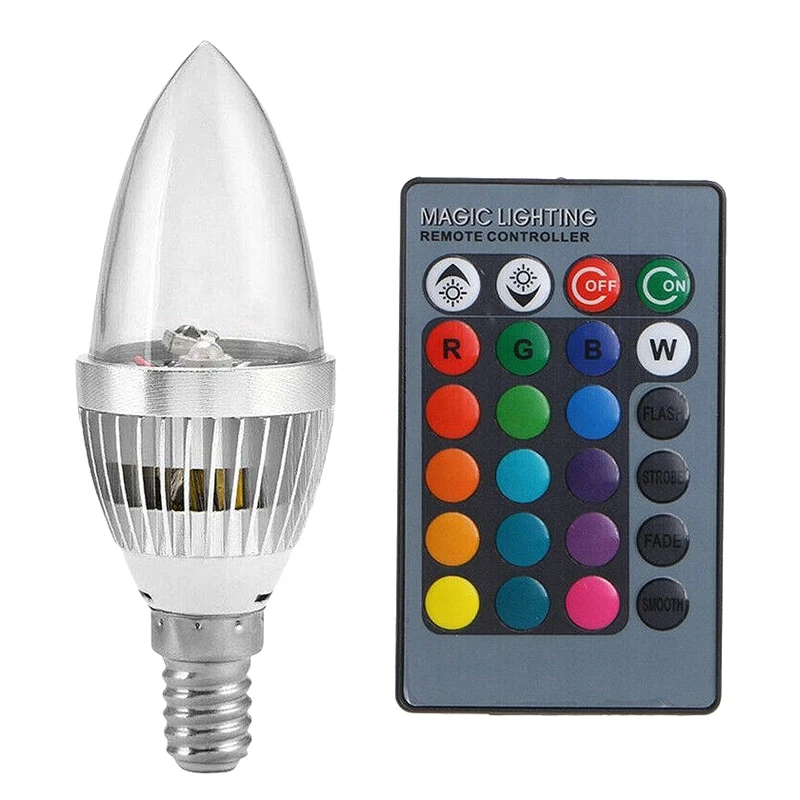 3W Smart E12 RGB LED لمبة تغيير لون ملونة مع 24 شمعة زر التحكم عن بعد عاكس الضوء الشفاف