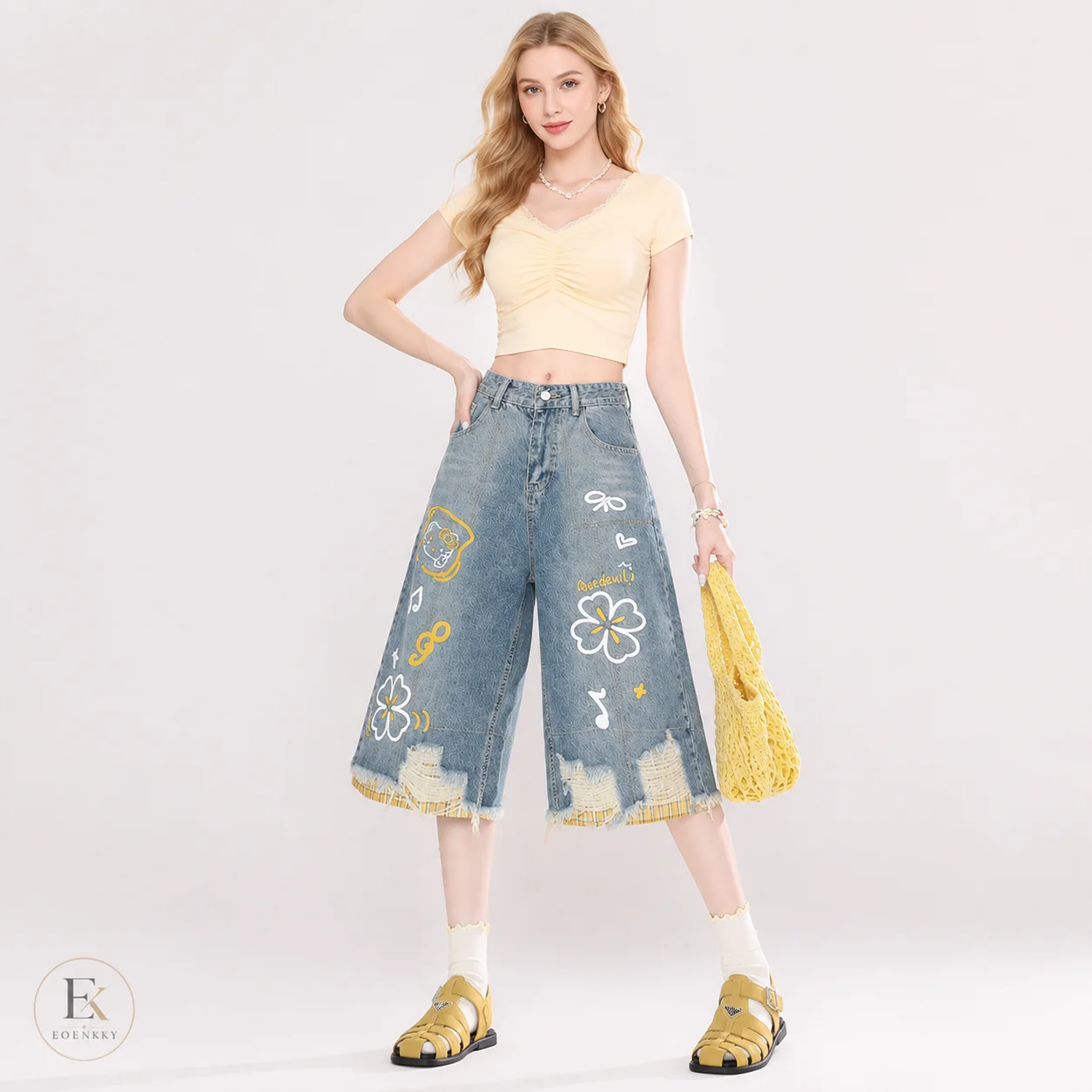 Women High Waist Wide Leg Cropped Jeans Cartoon Print Distressed Denim Culottes Plaid Patchwork Summer Casual Pants