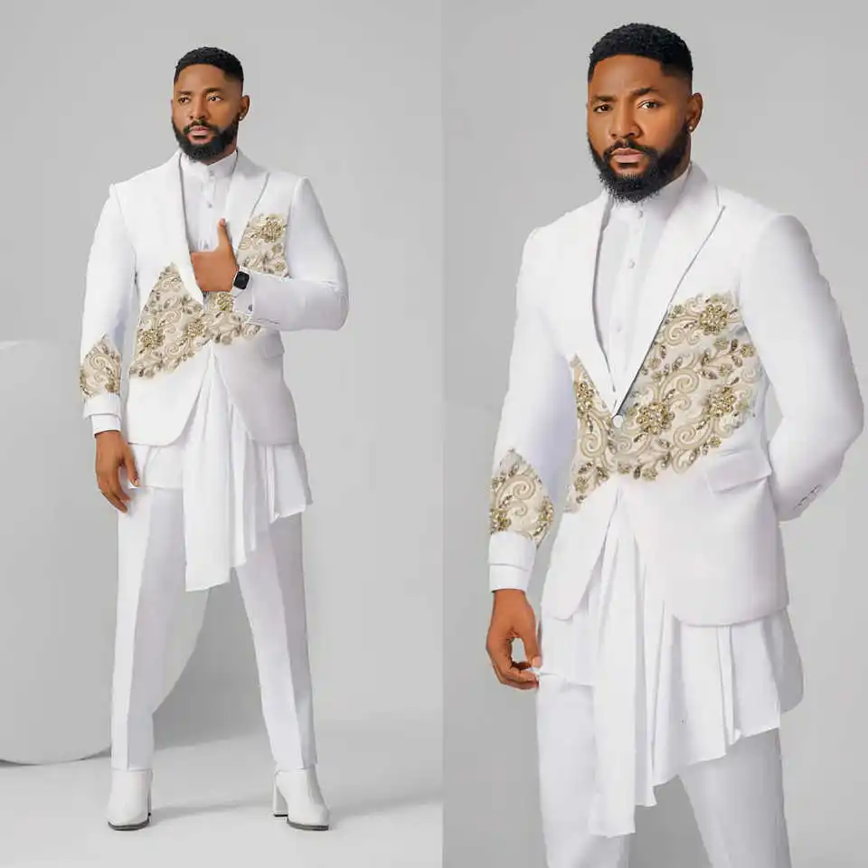 

Elegant Wedding Tuxedos 2 Pcs Jacket Pants Appliques Men Suit Gentleman Peaked Lapel One Button Evening Groom Customized