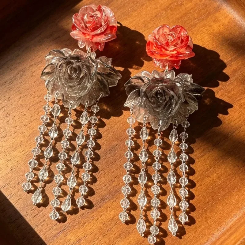 Resin Flowers Earrings for Women Crystal Long Tassels Vintage Party Jewelry Palace Style Fashion Elegant Pendientes Mujer
