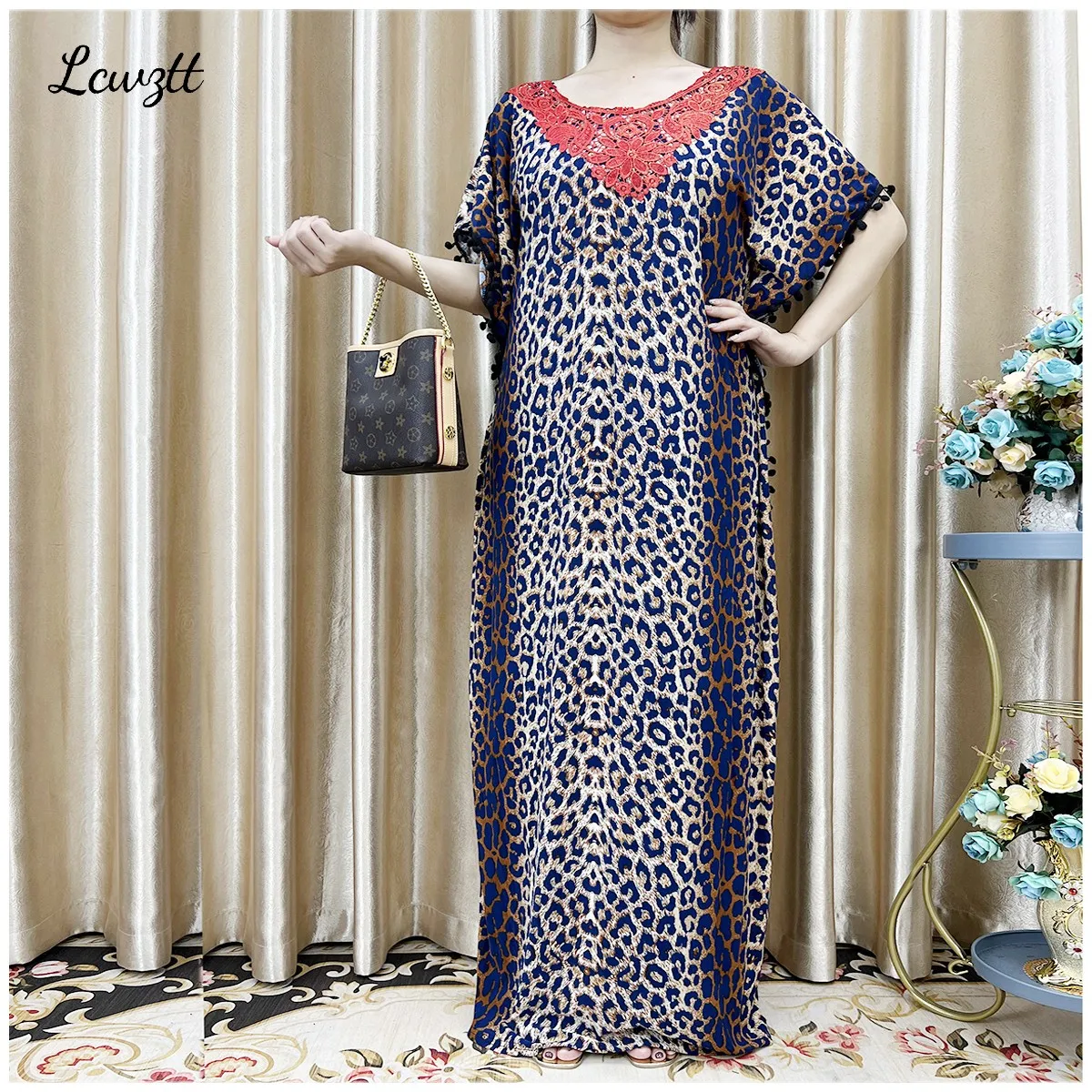 New Arrival Fashion African Women Loose Dress Muslim Large Casual Dress Elastic Fabric Stitching Pearl Diamond Decorative Style