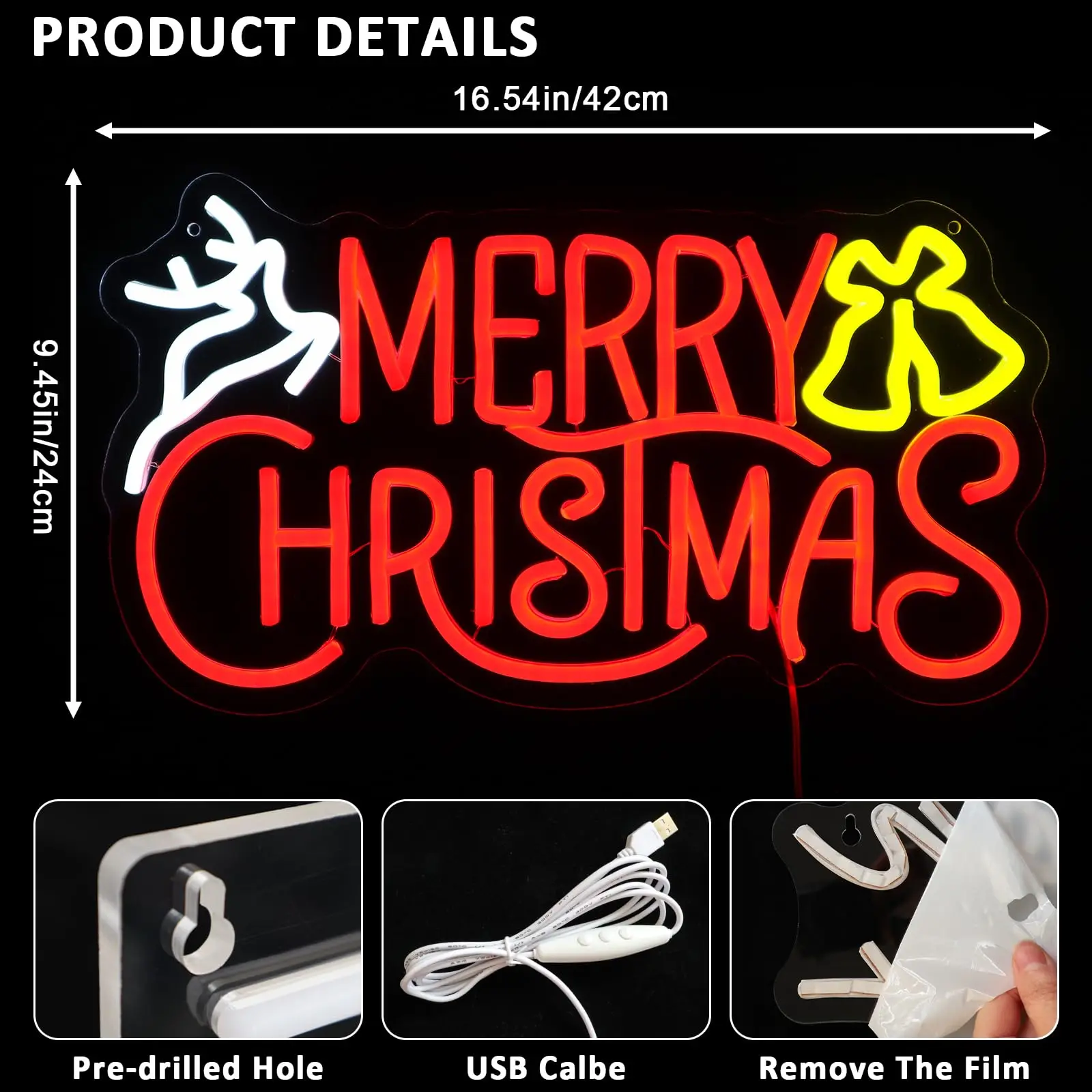 Merry Christmas Neon Sign for Wall Decor USB Dimmable for New Year Christmas Party Bar Home Festival Holiday Business Wall Decor