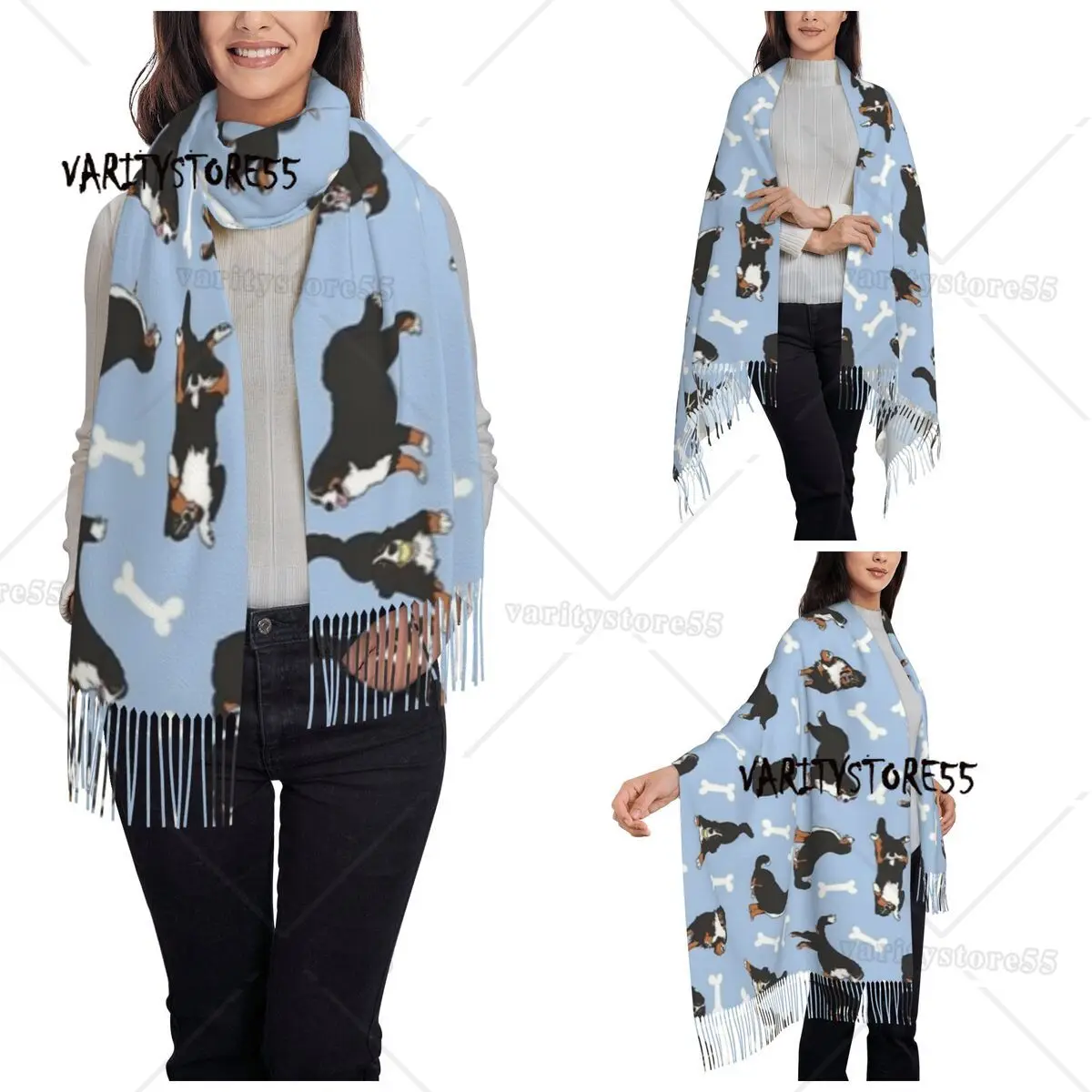 Playing Bernese Mountain Dog Scarf for Womens Winter Warm Pashmina Shawl Wrap Cartoon cute animal Long Large Shawl Scarf Ladies