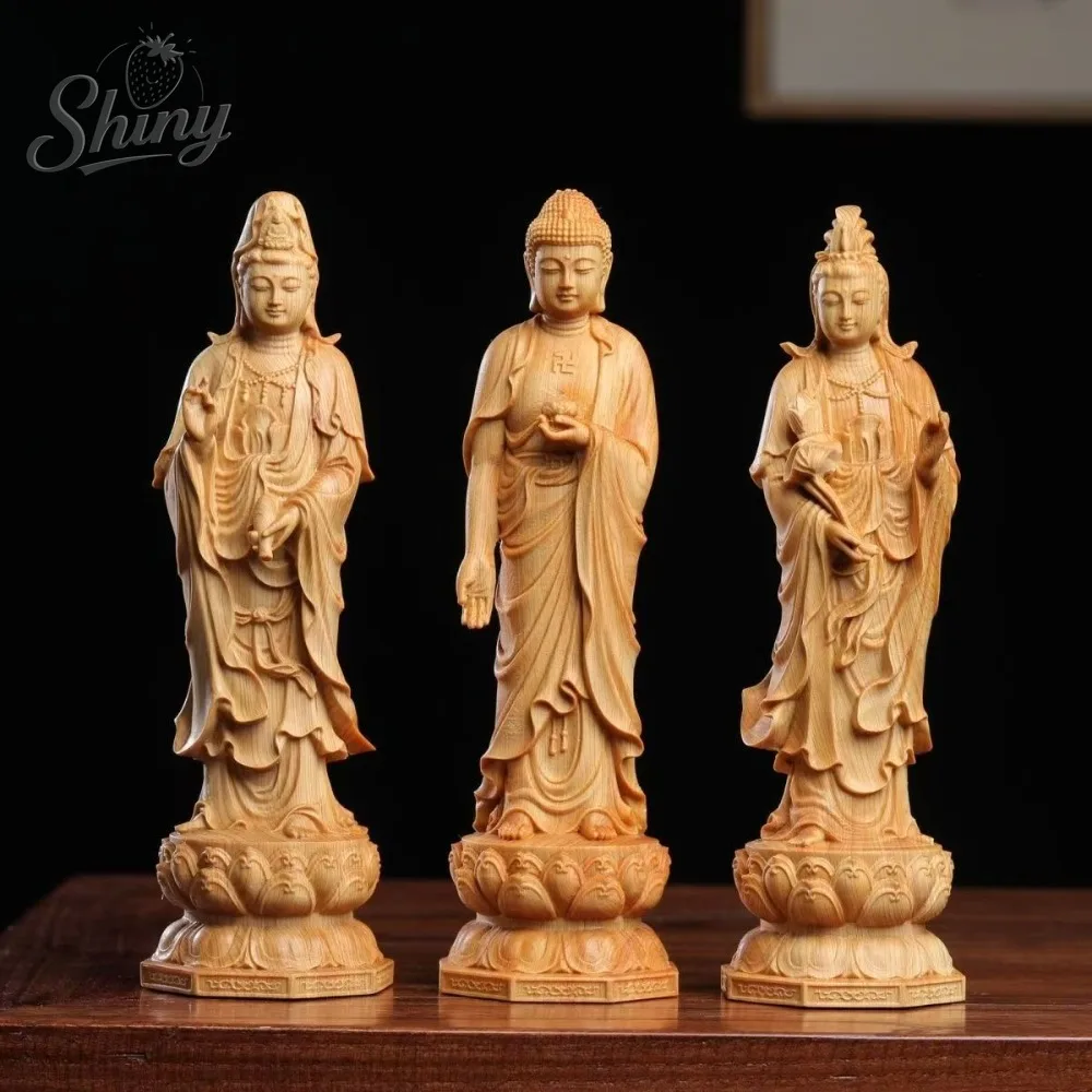 

Boxwood Wood Carving Western Three Saints Amitabha Buddha Da Shengjie Bodhisattva Guanyin Living Room Ornament Crafts