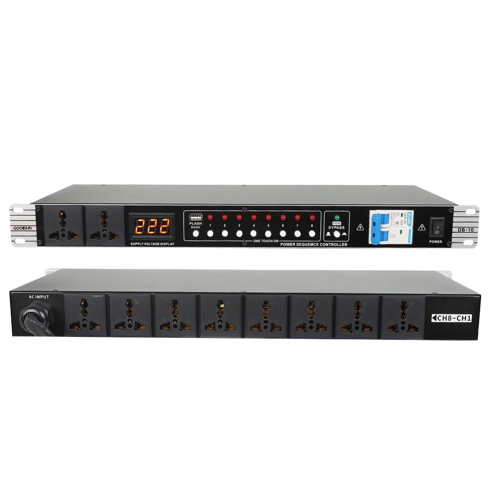 GOOERMI DB-10 جديد 10 منفذ وحدة تحكم تسلسل الطاقة مع مرشح 0.8 بوصة LED عرض وحدة تحكم عامل الطاقة التلقائي