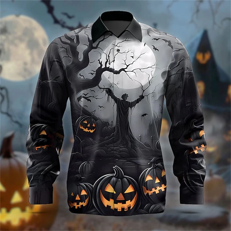 ¡Novedades de 2024! Camisa de moda de Halloween para hombres con estampado de calabaza de Diablo en 3D, camisa de manga larga de Halloween con