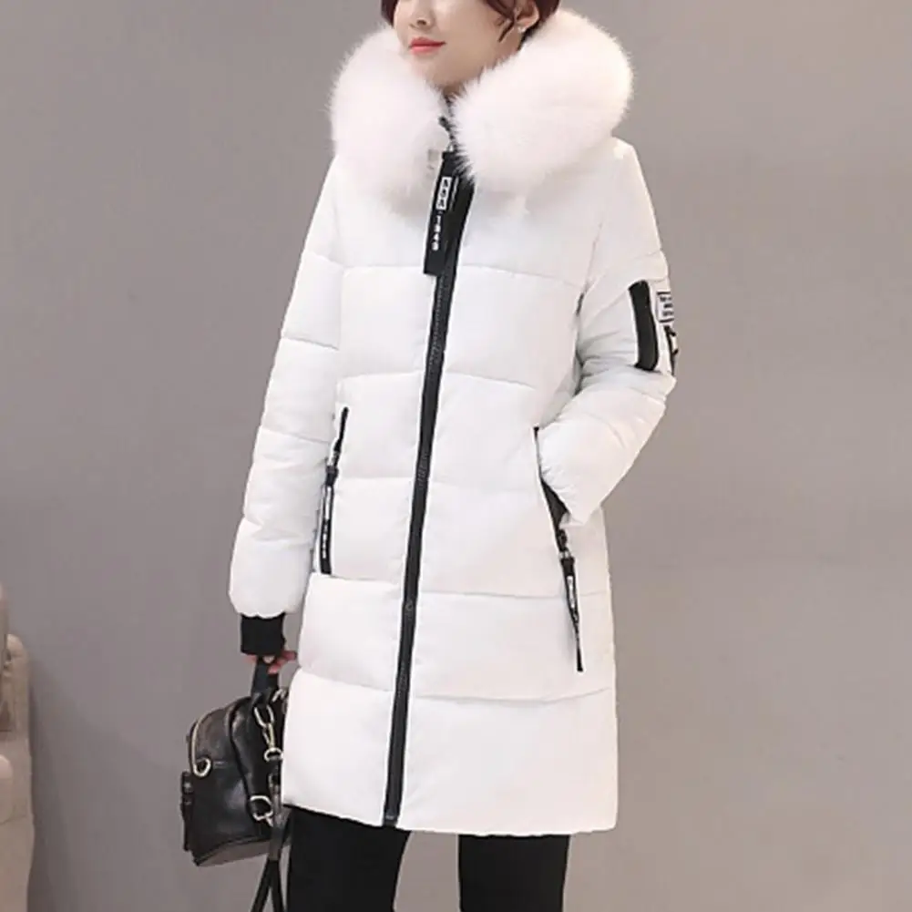 Women Winter Cotton Coat Thickened Padded Stuffed Hooded Mid Length Warm Zip Up Long Sleeve Solid Color Slim Fit Lady Down Coat