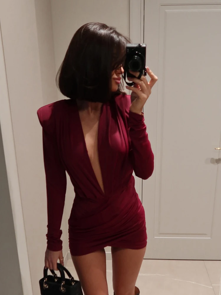 Sisterlinda Kleid mit tiefem V-Ausschnitt für Damen, sexy, schulterfrei, gepolstert, gerüscht, elegant, klassisch, solide, pfirsichfarben, Hüfte, Stretch, dünn, Büro, figurbetont