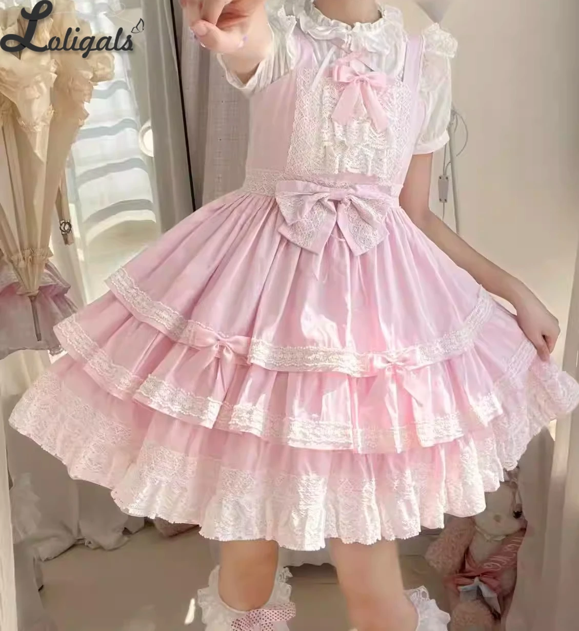 

Sweet Pink Lolita Dress Tiered Cute Short Daily Sleeveless Dress ~ Peiqi by Magic Tea Party