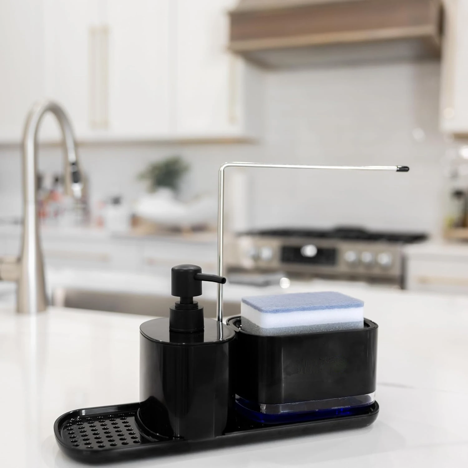 HOQUSA Zestaw dozowników mydła do rąk i naczyń 5 w 1 z tacą z uchwytem na gąbkę i uchwytem na ściereczki (czarny)