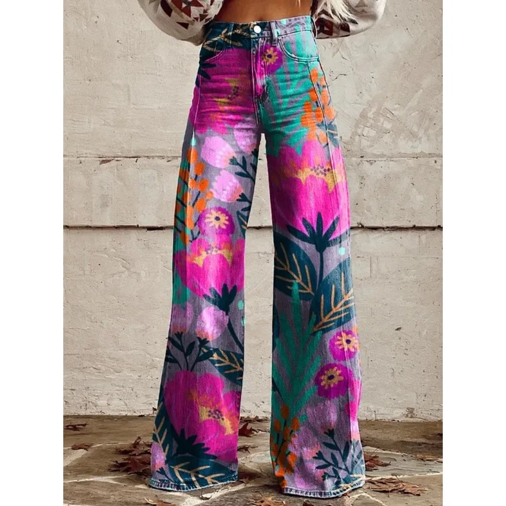 Vintage Paisley Blumenmuster Hohe Taille Weite Hose Sexy Damenhose 100% Baumwolle Lässige Lockere Hose mit Taschen XXS-3XL – Detail 18