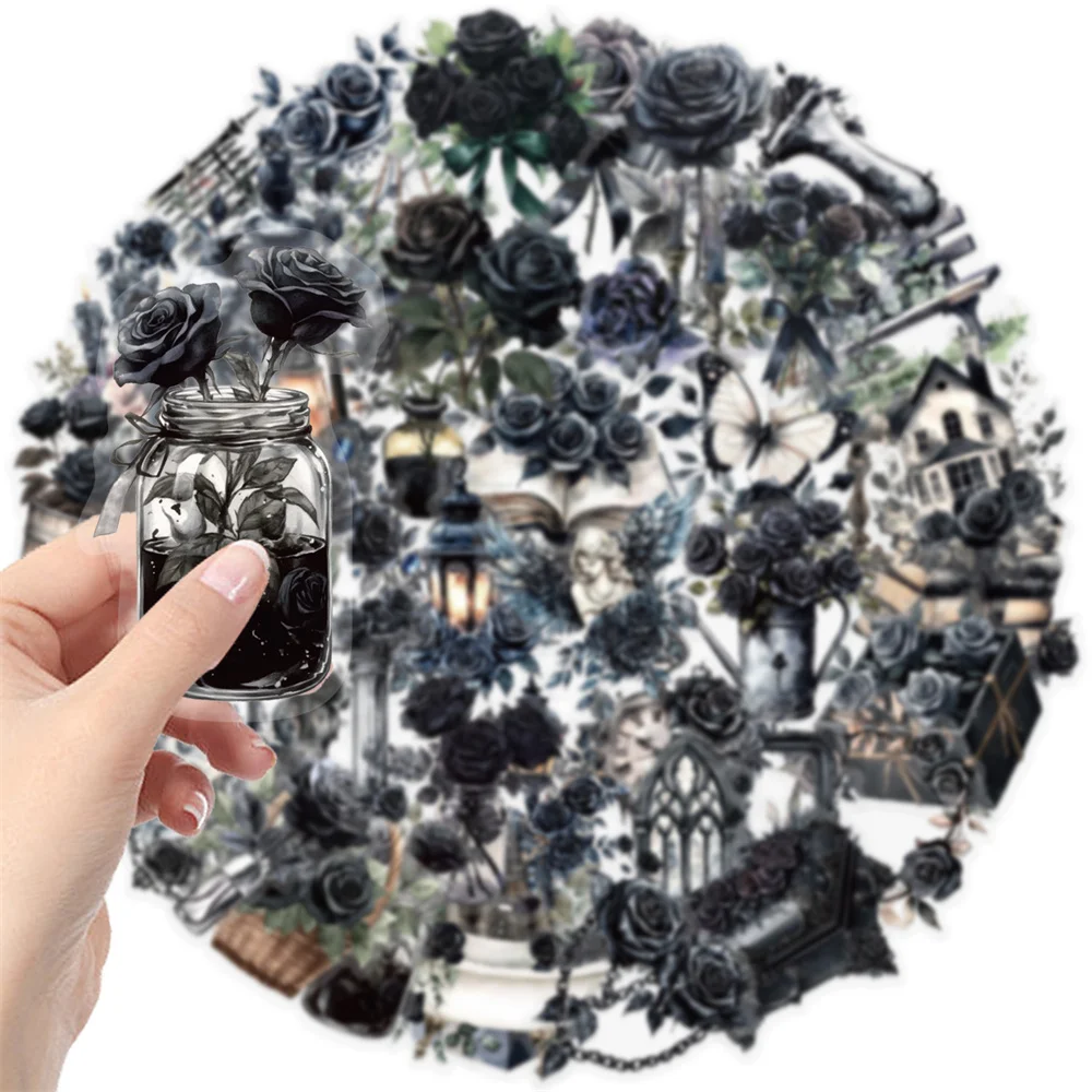 50pcs Cartoon Waterproof Transparent PET Black Dark Rose Sticker Bag Accounting Material Scrapbooking Supplies DIY Stickers