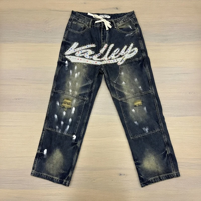 

Fashionable Letter Embroidery Rhinestone Diamond Embellishments Retro High-quality Vale Denim Pants