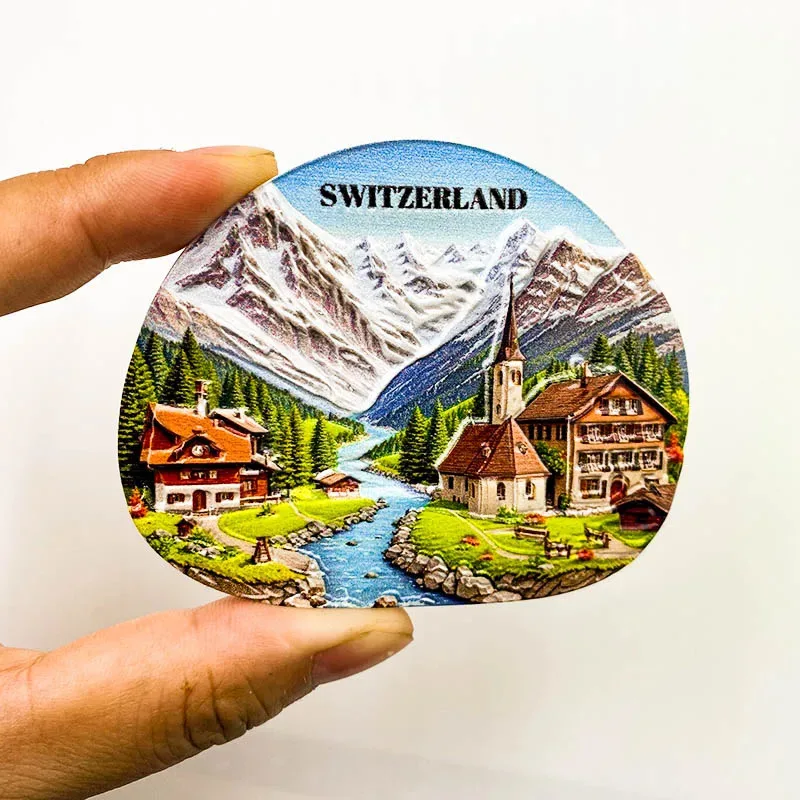 1pc, 3D magnetic fridge magnets, town scenery, Switzerland, tourist souvenirs, resin paintings, fridge stickers, gifts