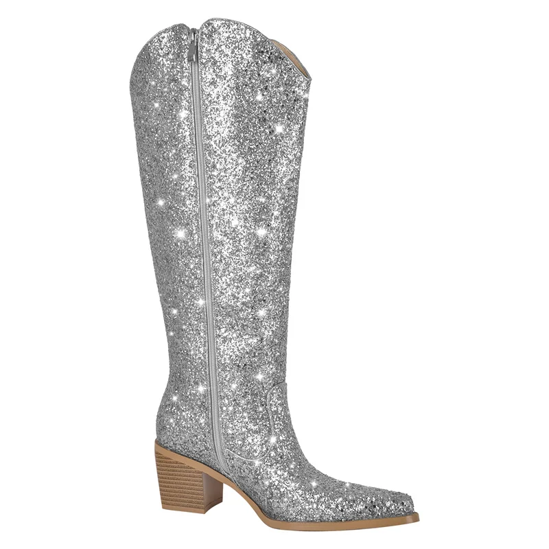 Onlymaker Woman Pointed Toe Sliver Glitter Knee High Boots Western Cowboy Boots Bling Shiny Block Heel Handmade Lady Boots