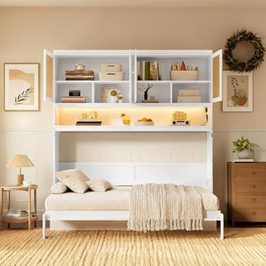 

Twin Murphy Bed Frame with Top Cabinet, Multi Storage Shelves and 4 Ratten Doors, 2-in-1 Bed Desk Space Saving Foldable Wall Be