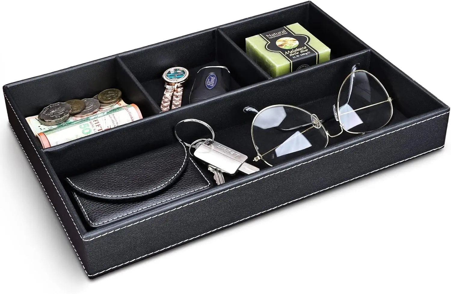 Faux Leather Valet Tray For Men, Stackable Jewelry Organizer For Drawers Inserts Nightstand Caddy Tray For Key Wallet Sunglass