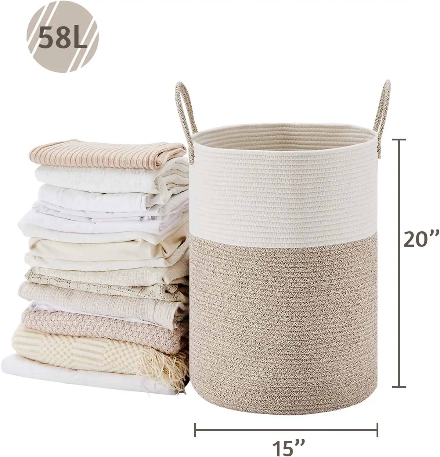 58L White & Brown Large Laundry Hamper, Tall Woven Rope Storage Basket for Blanket, Toys, Dirty Clothes in Living Room, Bedroom