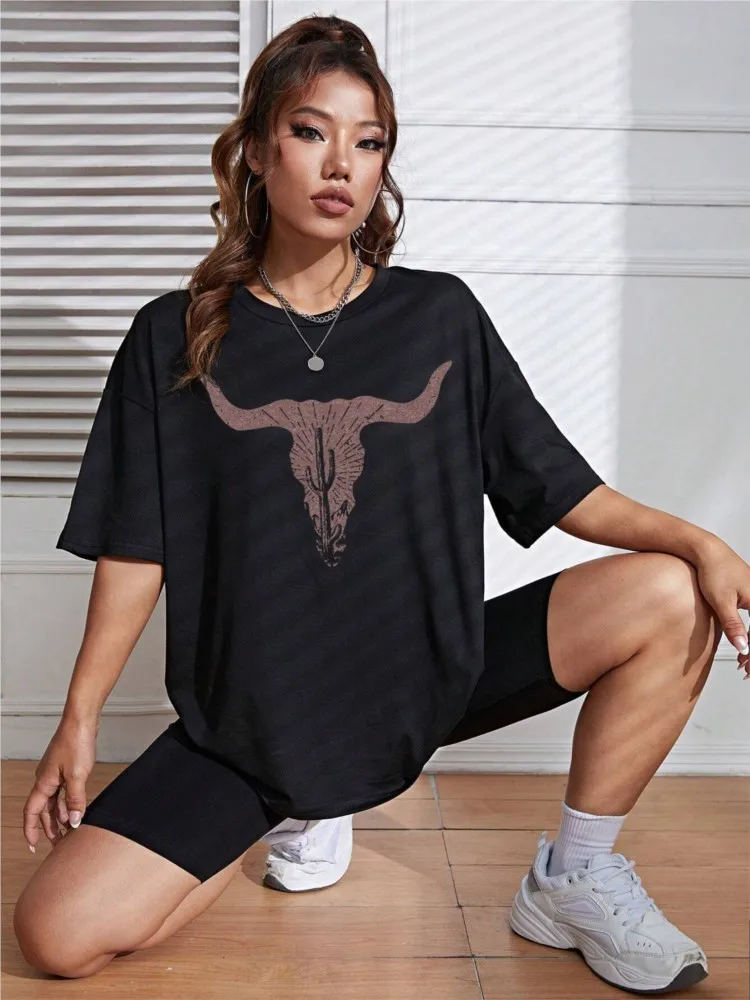 NEW Spring Cotton Womans T-Shirts Simple Cattle Printing Short Sleeve Tees Fashion Casual Female Clothes Comfortable Street Tops