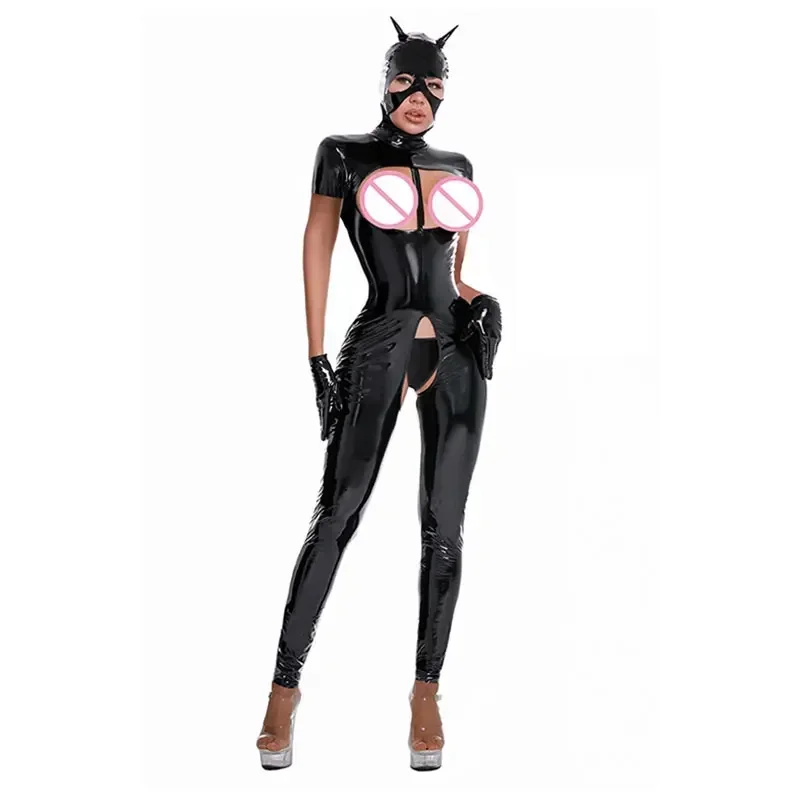 بدلة قفز نسائية مثيرة من الجلد من اللاتكس اللامع مع قناع Ssexy مكشوف الحلمات بدلة مثيرة بدون حمالات #3