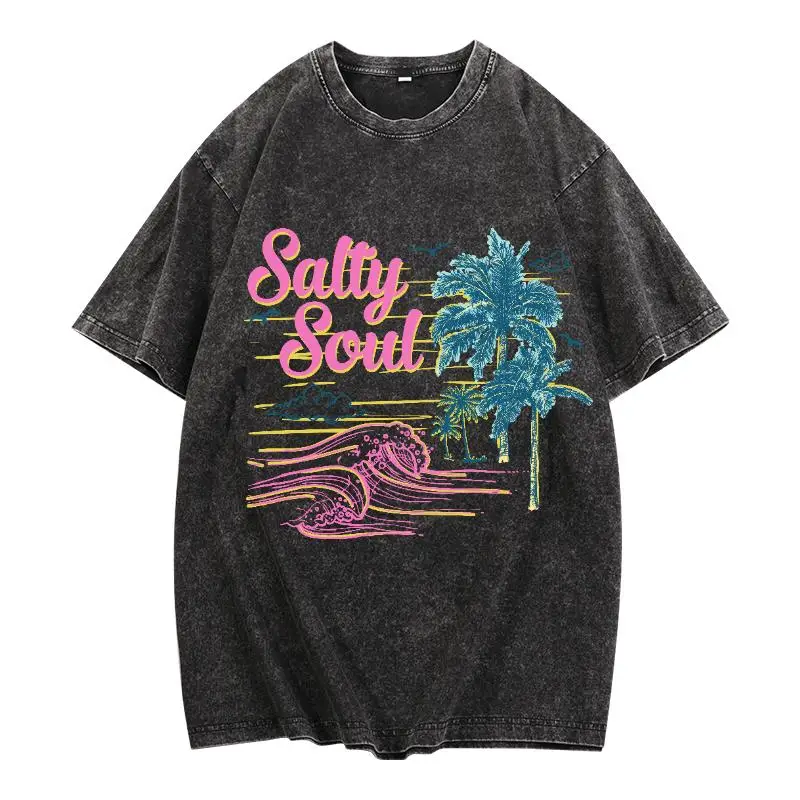 

Salty Soul Graphic T-Shirt Retro Beach Vibes Palm Tree Wave Print Tee Aesthetic Summer Casual Top for Men Women Holiday