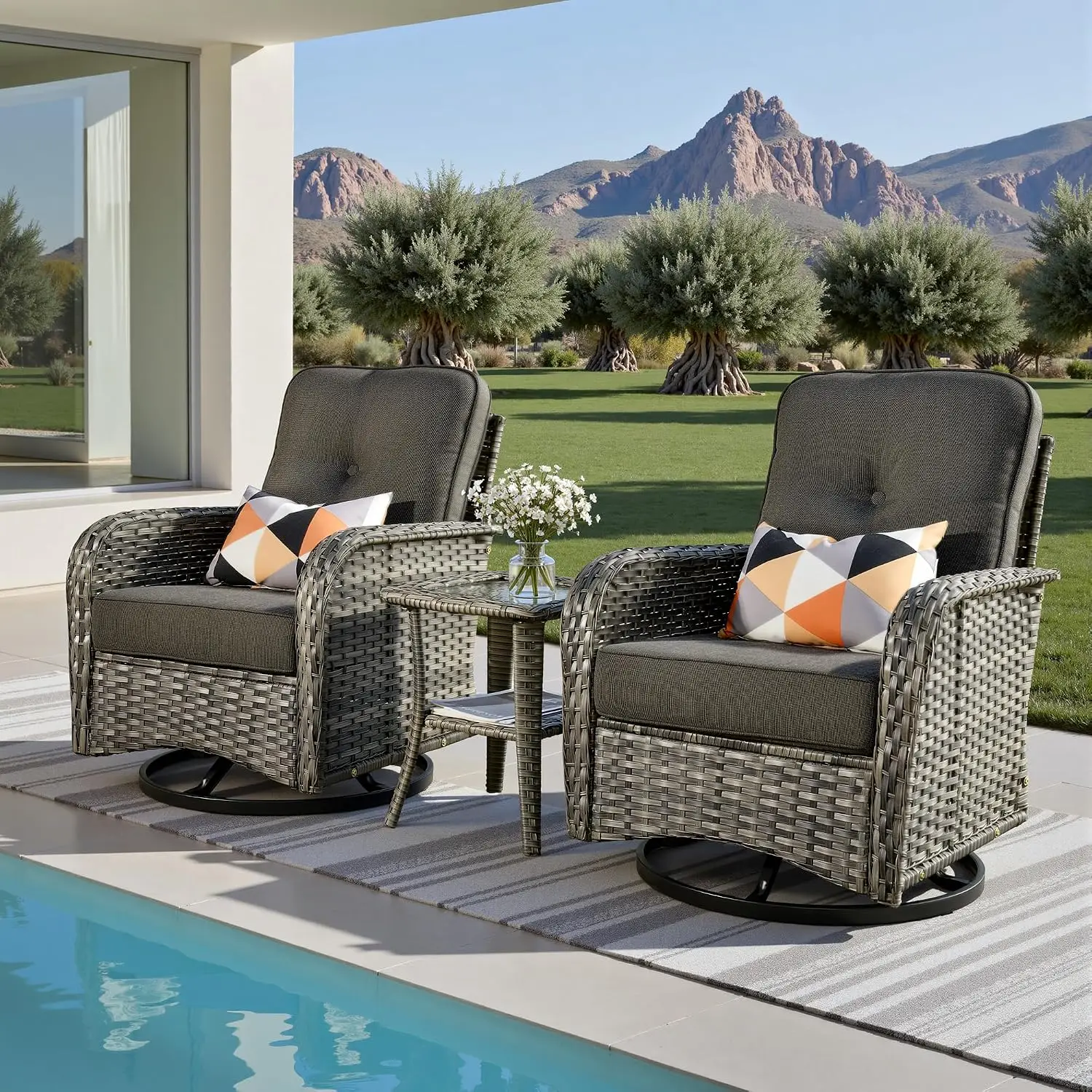 3-Piece Wicker Patio Set with Swivel Rocker Chairs & Table, High Back Rattan Conversation Set for Outdoor, Customized
