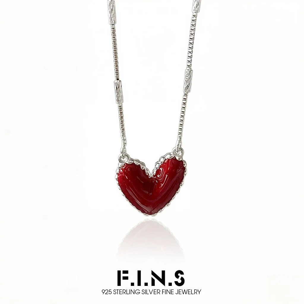 F.I.N.S S925 Sterling Silver Korean Style Simple Red Heart Fashion Drip Glazed Necklace INS Unique Design Hollow Back Pendant