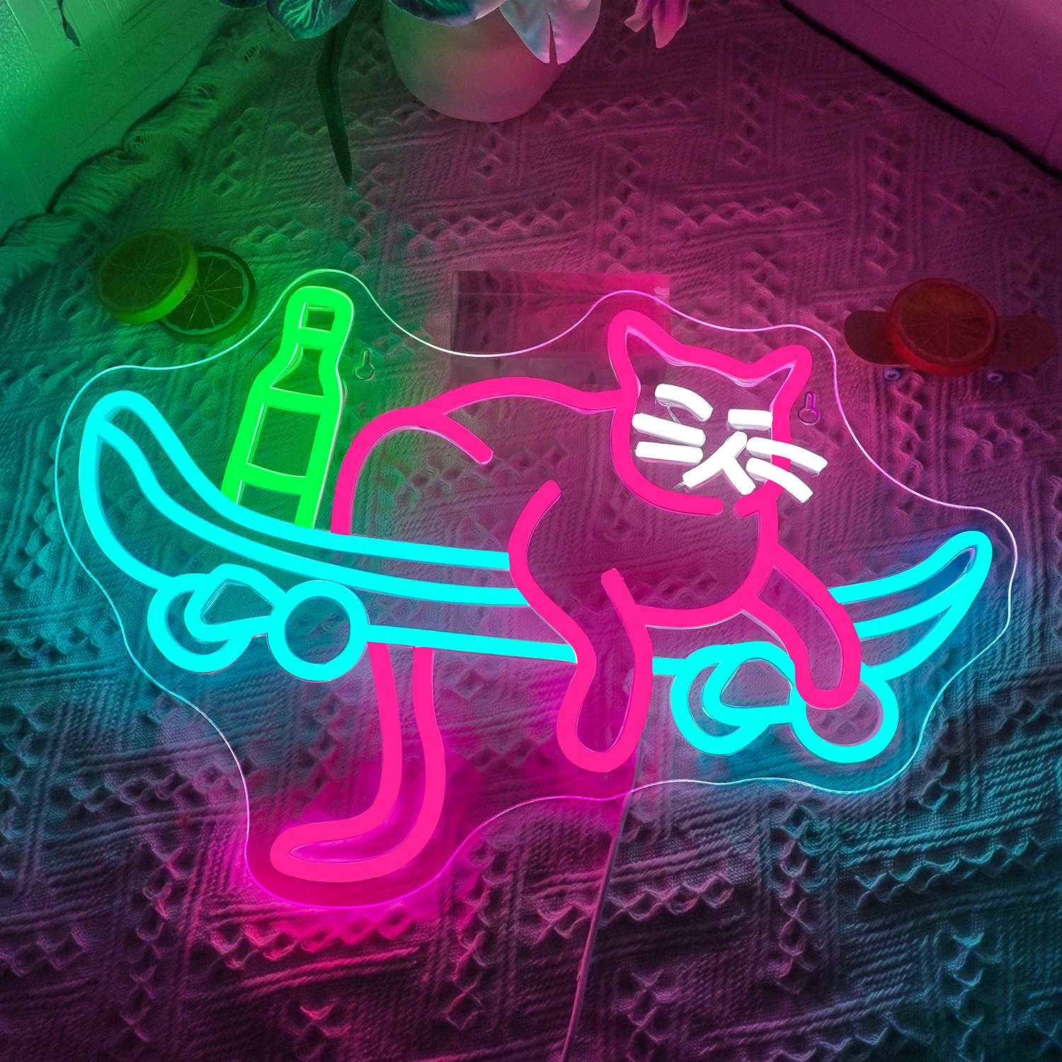 Beer Cat Skateboard Neon Sign For Wall Decor Creative Art Signs Room Decoration For Bedroom Party Bar Club Dimmable LED Lights