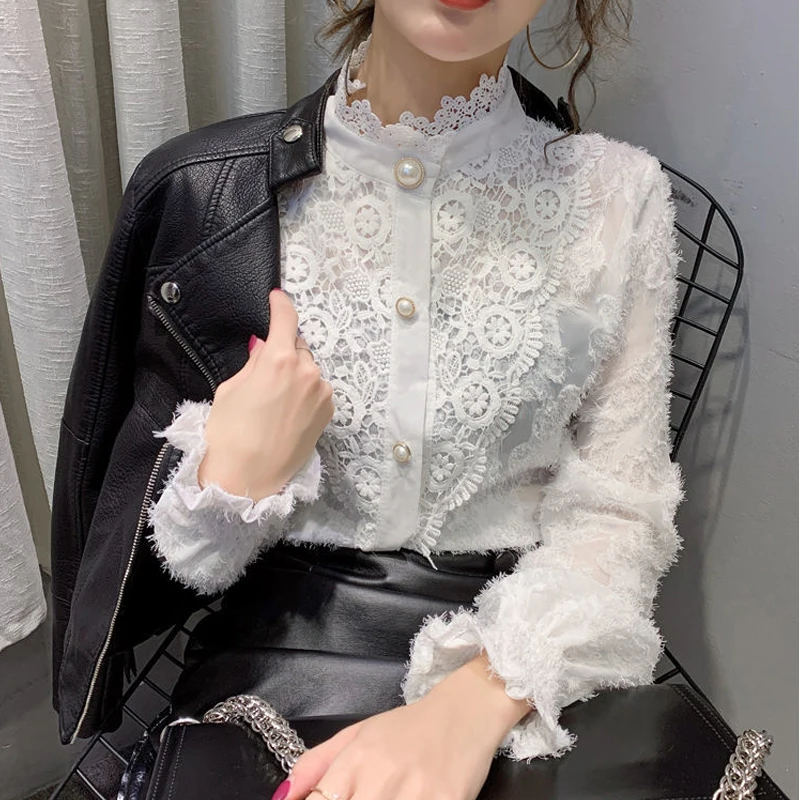 Women Korean Fashion Sexy Lace Beaded Button Shirts Vintage Elegant Stand Collar Blouse Black White Long Sleeve Slim Tops Blusas