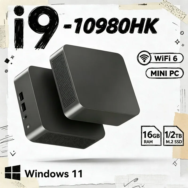 Solid Core I9 10980HK Portable Mini PC, WiFi6 BT5.2, Dual Gigabit Ports, 4K Multi Display Compact Host for Office Daily