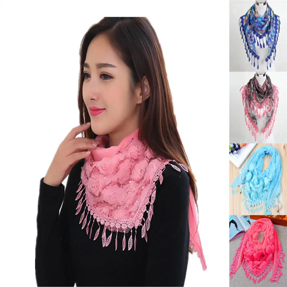 Women Lace Floral Scarf Wrap Shawl Stole Chiffon Neck Wrap triangle scarf  WJ008