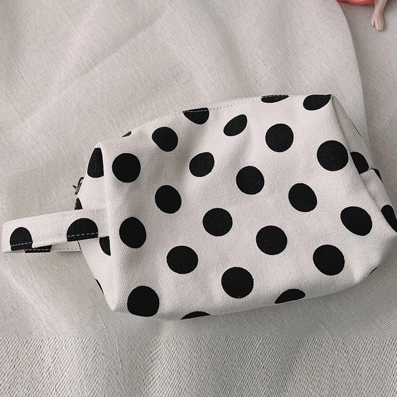 Black Polka Dot Canvas Cosmetic Bag Women Portable Zipper Makeup Pouch with Wrist Strap Autumn Travel Toiletry Organizer Bag