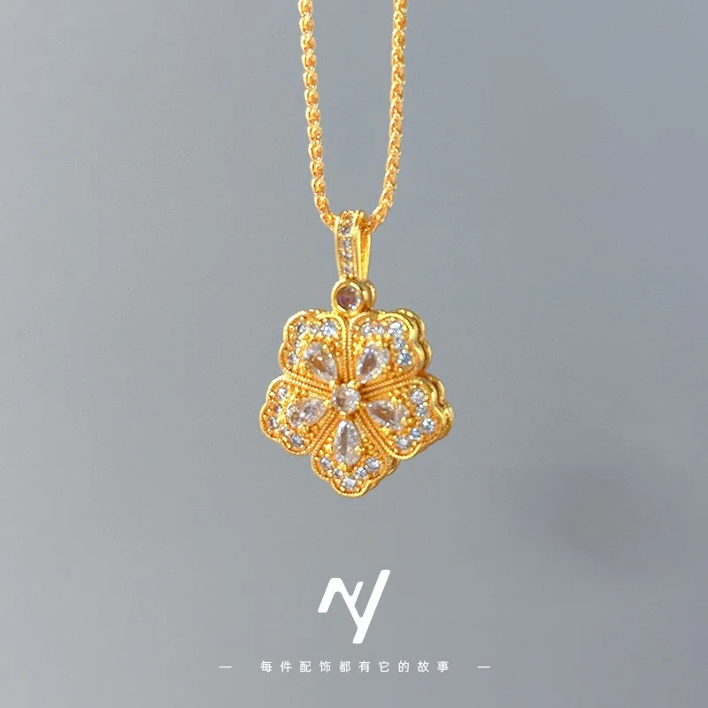 

999 Gold Women's Necklace 24K, Plum Blossom Pendant with Full Diamonds, Dainty Clavicle Chain, Fashion Jewelry Gift for Her