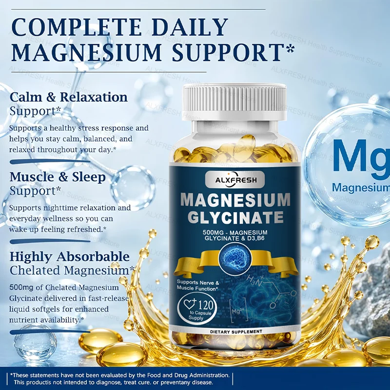 Original Magnesium Glycinate 500mg Supplement – High Absorption for Sleep Muscle & Restful Support  - D3 B6 Zinc