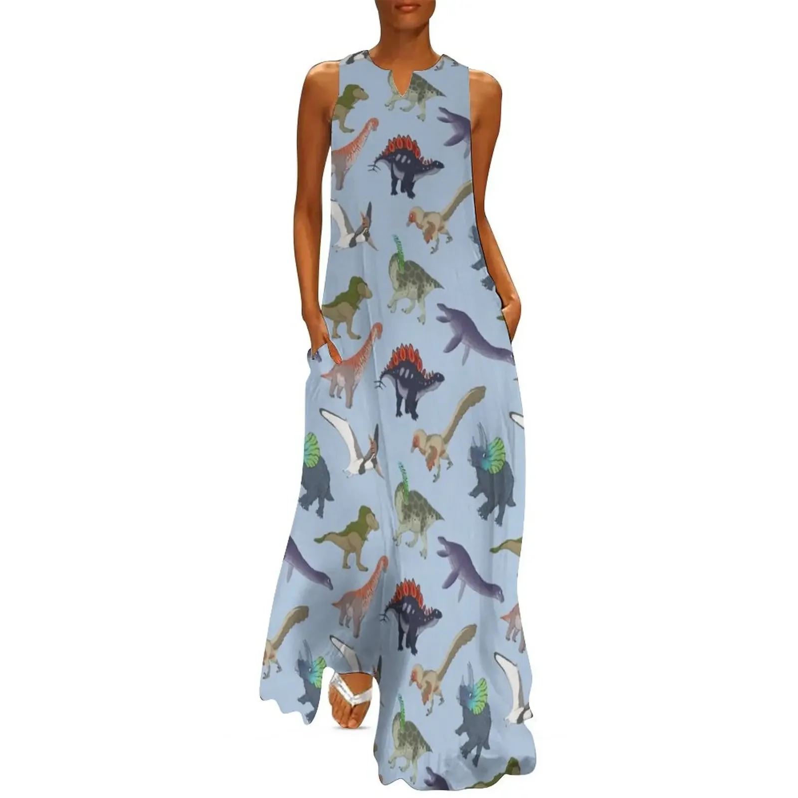 

Mesozoic Reptiles Pattern - Blue Long Dress dress korean style summer dresses for women 2025 summer outfits for women 2025 Dress