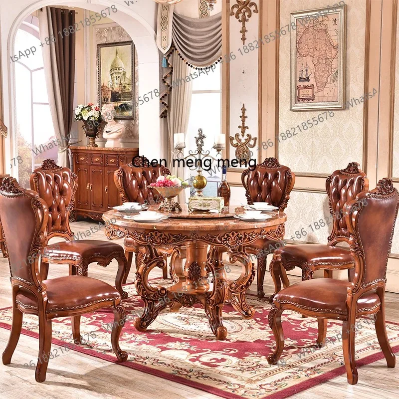 

RR European marble all solid wood round dining table small apartment American retro family dining table with turntable