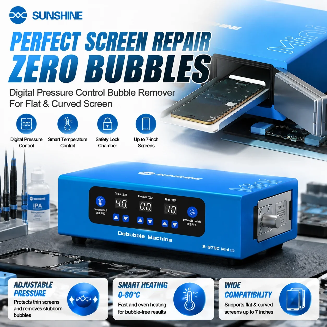 SUNSHINE S-978C Mini Automatic Bubble Remover Digital Pressure Control Smart Bubble Removal for 7-inch Flat Curved Screen Repair