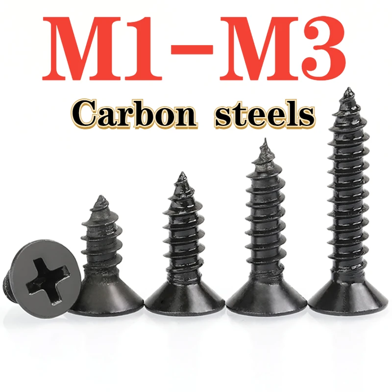 Weiyi M1 M1.2 M1.4 M1.7 M2 M2.3 M2.6 M3 Small Micro Carbon Steel Black Countersunk Head Phillips Cross Self Tapping Wood Screw