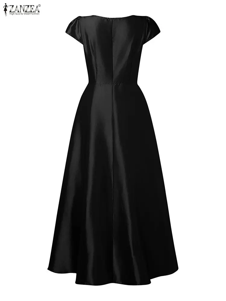 2025 ZANZEA Square Neck Waisted Maxi Dress Women Robe Stylish Party Dress Summer Solid Satin A Line Sundress Clubbing Vestidos