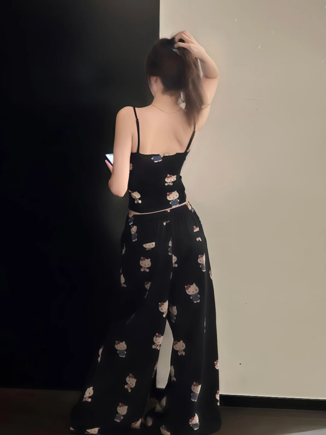 Lush Style Cartoon Print Gentle Wind Thin Strap Short Top Wide Leg Floor Length Pants Slim Fit Baring Waist Lazy Two Piece Set image 3
