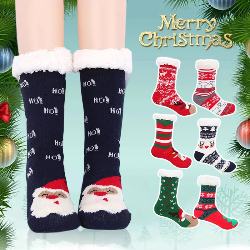 

Unisex Christmas Socks Cartoon Elk Happy Funny Sock Winter Warm Soft Fleece Thick Non Slip Slipper Floor Socks Gift