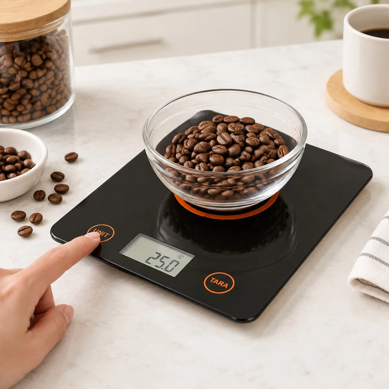 Bilancia da cucina digitale MasterChef con superficie in vetro temperato, capacità di 5 kg e precisione di 1 g, display LCD con funzione tara, design extra-sottile 20x15x1,6 cm.